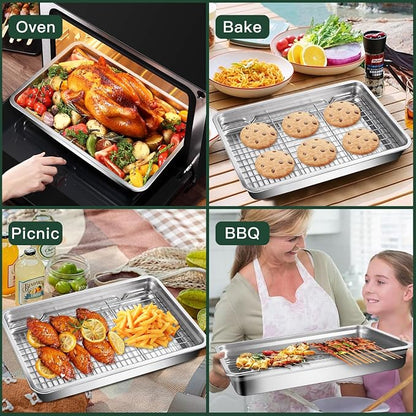 GIUOIDUO Stainless Steel Baking Tray with Grill,(3 trays and 3 grills), for Baking, Cooling Cookies or Bacons, Ovens and Dishwashers Safe, Heat Evenly, Durable Cookie sheet