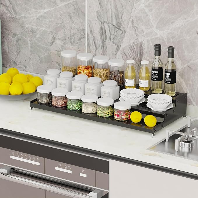 Expandable Spice Rack organizer with 3-Tier step shelf,Modern Design heavy duty,Non Skid and Visibility,Great for Kitchen Cabinet, Pantry and more(1PACK/BLACK)