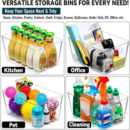 12 PACK LARGE Clear Storage Bins with Handles & Labels, Multiuse Plastic Pantry Organizer Bins for Home Kitchen, Fridge, Freezer, Cabinet, Closet, Bathroom, Shelf, Laundry, RV, Under Sink Organization