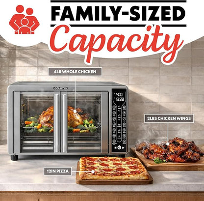 Gourmia French Door Air Fryer Toaster Oven – 6-Slice Capacity, FryForce 360°, Digital Display with 17 Cooking Presets, Stainless Steel