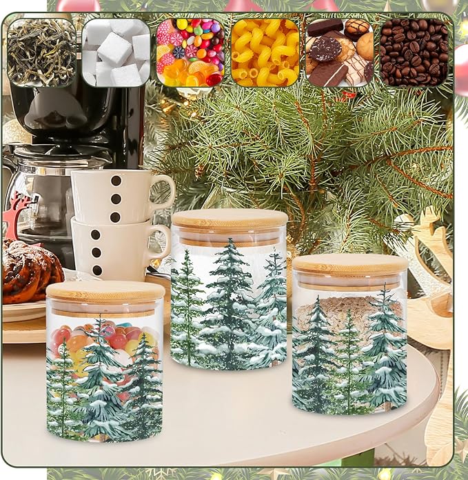 JarThenaAMCS 3Pcs Christmas Forest Glass Storage Jars with Airtight Lid Watercolor Xmas Tree Decorative Canisters Sets for Winter Home Kitchen Countertop