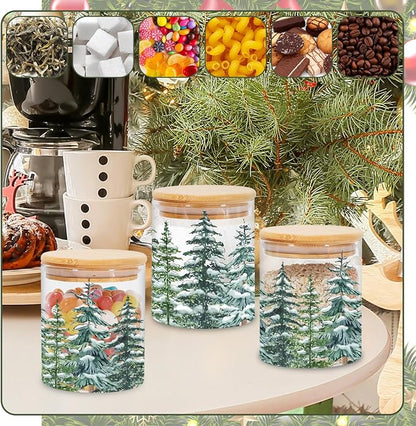 JarThenaAMCS 3Pcs Christmas Forest Glass Storage Jars with Airtight Lid Watercolor Xmas Tree Decorative Canisters Sets for Winter Home Kitchen Countertop