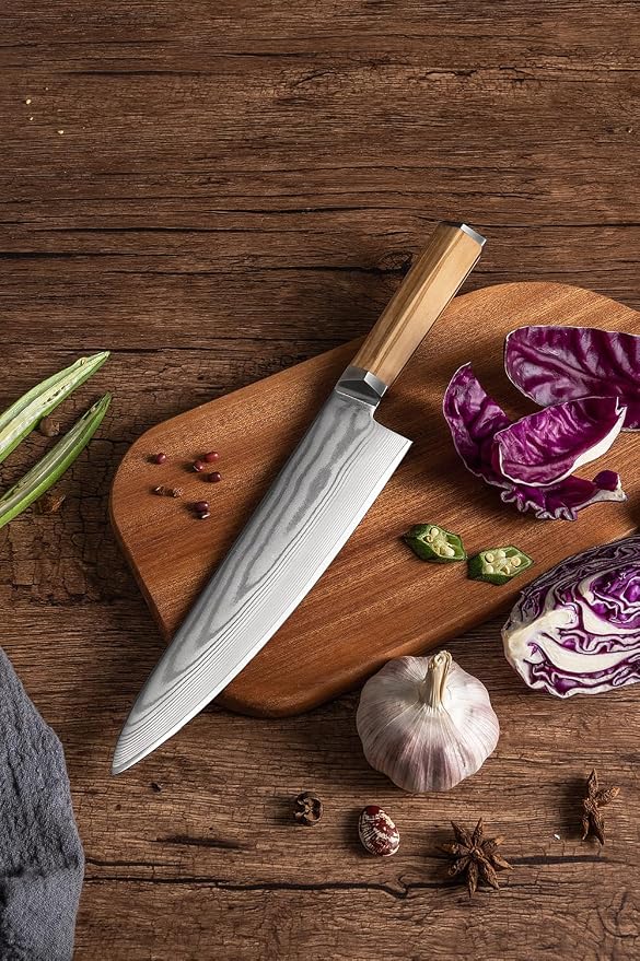 Damascus Japanese Chef Knife 8 Inch, Gyuto Knife 67 Layers VG-10 Damascus Knife, Full Tang Knife Italian Olive Wood Handle Japanese Knife