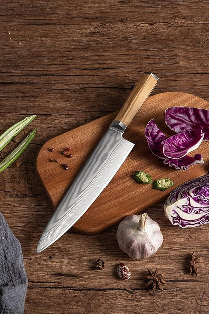 Damascus Japanese Chef Knife 8 Inch, Gyuto Knife 67 Layers VG-10 Damascus Knife, Full Tang Knife Italian Olive Wood Handle Japanese Knife