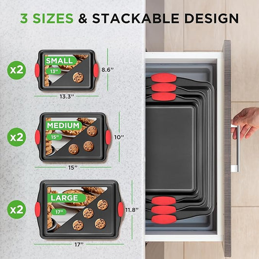 NutriChef Nonstick Baking Pans Set – Premium Cookie Sheets for Baking, Carbon Steel Stackable Baking Trays with Red Silicone Handles, Oven Safe Pans for Cookies, and Cakes, Dishwasher Safe (6 Pack)