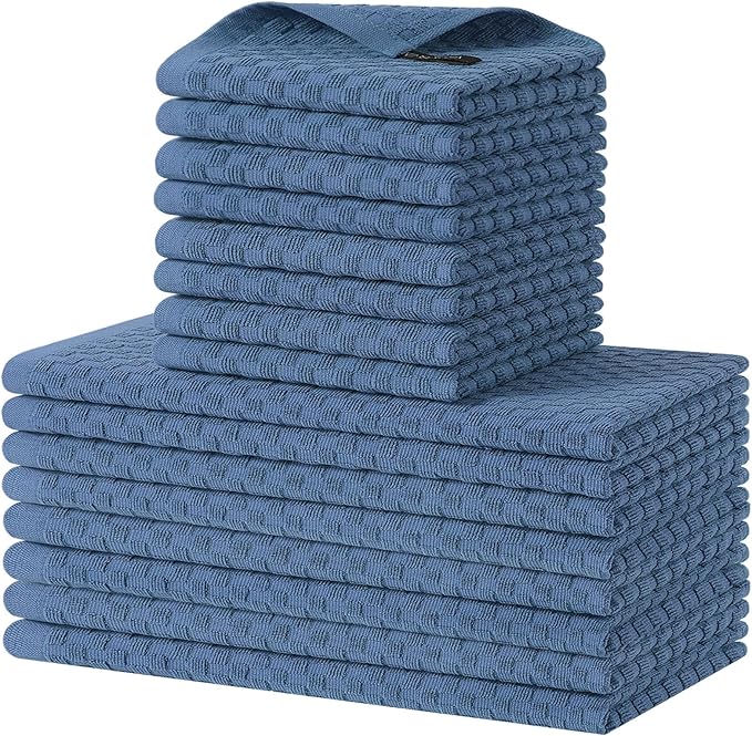 Homaxy 100% Cotton Kitchen Towels and Dishcloths Set, 12 x 12 & 15 x 25 Inches, Set of 16 Bulk Terry Cloth Dish Towels, Super Soft and Absorbent Hand Towel with Hanging Loop, Navy Blue