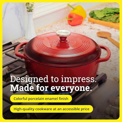 Lodge Essential Enamel Cast Iron Dutch Oven 6 Quarts - Perfect for Bread Baking, Braising, Marinating & Slow Cooking, Features Moisture-Sealing Lid & Dual Handles, Kitchen Essentials, Island Spice Red