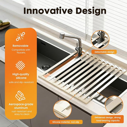 Foldable Over Sink Dish Drying Rack, Extra Wide & Thick Rust-Proof Aluminum Sink Cover for Counter Space, Collapsible Dish Drying Rack Fits Most Kitchen Sinks (White, 20.5“x13.6)