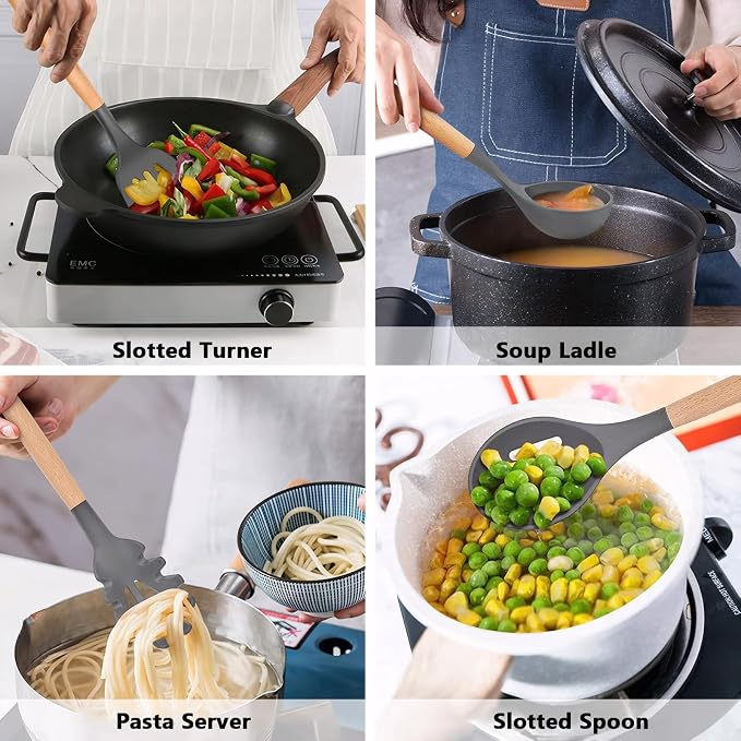Kitchen Cooking Utensils Set, 6Pcs Silicone Kitchen Utensils Set Spatula Spoon Soup Ladle Turner, Heat Resistant Wooden Handle Silicone Cooking Gadgets for Nonstick Cookware & Baking BPA FREE