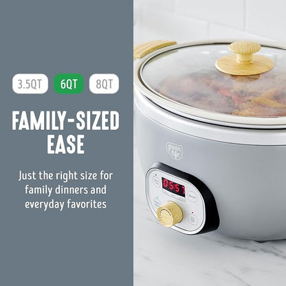 GreenLife 6QT Slow Cooker, Non-Toxic PFAS-Free Ceramic Nonstick Removable Interior Bowl, Programmable, Family Friendly, Keep Warm, Stovetop & Oven Safe, Dishwasher Safe Crock, Timer, Glass Lid, Gray