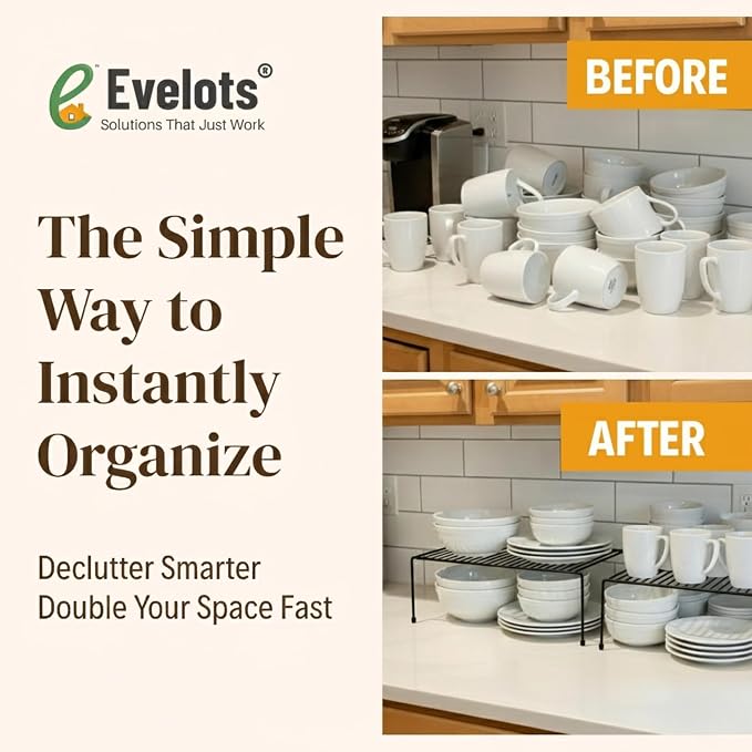 Evelots Kitchen Cabinet Wire Shelf Organizer/Rack - 2 Pack Sturdy Metal Shelf Risers - Double Your Counter Space - Great for Kitchen, Freezer, Pantry and Bathroom - Rustproof - Black