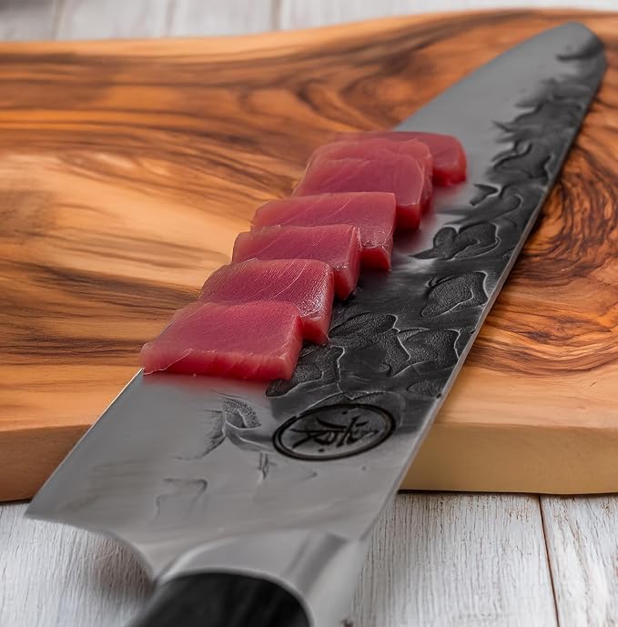 8” Professional Chef Knife – Hand Forged Kitchen Knife with Dark Wood Handle, Full Tang, Razor Sharp, Balanced – from British Fusion Atelier KOKORO – A Thoughtful Gift for Cooks