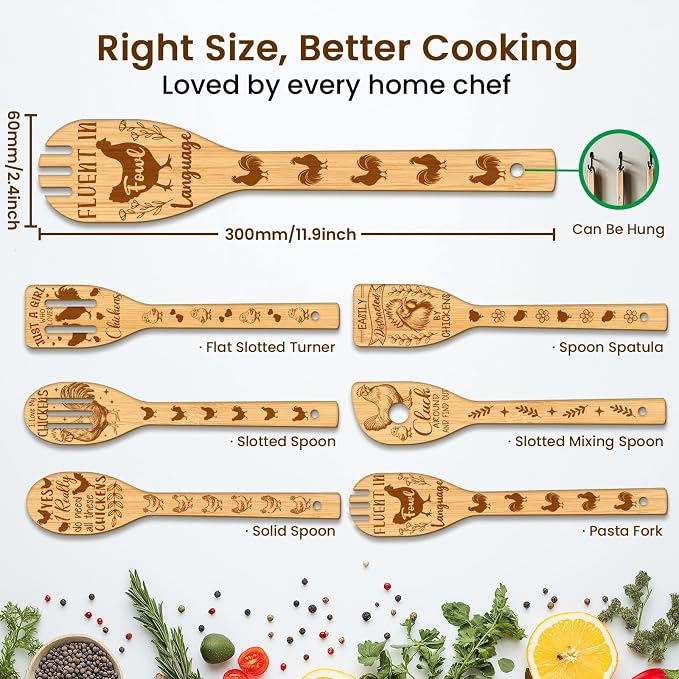 CUTHOLLOW 6PCS Humorous Rooster Words Wooden Kitchen Cooking Utensil Set, 11.9in Non Toxic Bamboo Wood Spoon Set for Cooking, Best Housewarming Birthday Thanksgiving Christmas Gift for Women Mother