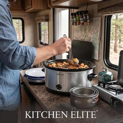 Kitchen Elite 6 Quart Slow Cooker for Large Families, Stainless Steel Crock Pot with 3 Heat Settings, Dishwasher-Safe Ceramic Pot & Tempered Glass Lid