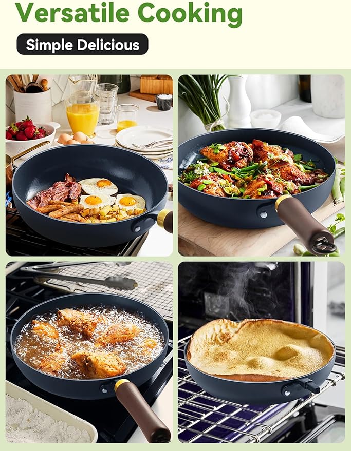 9.5" Enameled Carbon Steel Skillet, Nonstick Frying Pan with Stay-Cool Wooden Handle, Season-Free Stir-Fry Pan, Non-Toxic PTFE & PFOA Free Cookware, Oven-Safe & All Stovetops Compatible