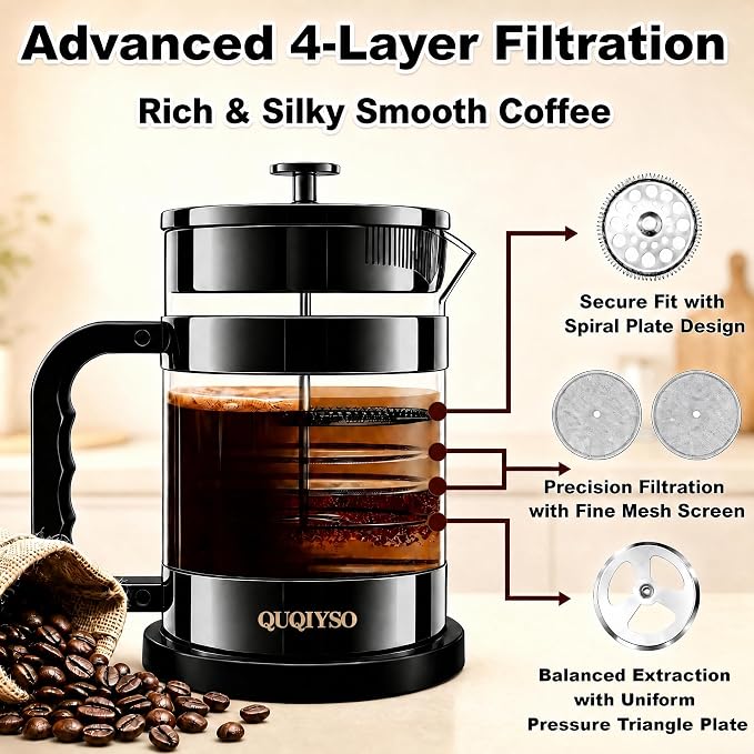 QUQIYSO French Press Coffee Maker – 304 Stainless Steel Filter, 2.8mm Thick Heat-Resistant Borosilicate Glass, Easy to Clean, Large Coffee Press for Home, Office, Party, 51oz, Dark Pewter