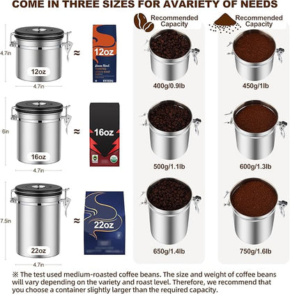 ShanSon Coffee Canister Airtight, Stainless Steel Bean Storage Container with Date Tracker & Scoop, Grounds Sugar Flour Tea Cereal Fits Kitchen Pantry, Ideal Gift for Coffee Lovers,16oz,Silver