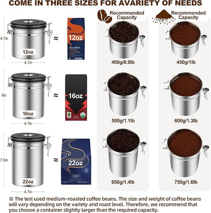 ShanSon Coffee Canister Airtight, Stainless Steel Bean Storage Container with Date Tracker & Scoop, Grounds Sugar Flour Tea Cereal Fits Kitchen Pantry, Ideal Gift for Coffee Lovers,12oz,Silver