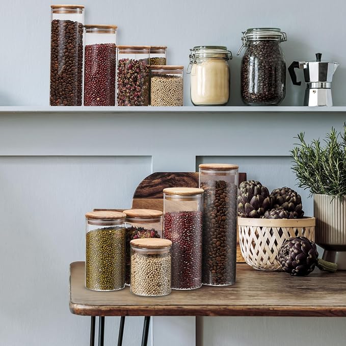 Qinyoung Glass Storage Jars with Wooden Lids, 4 Sizes Food Storage Containers Clear Stackable Canisters Airtight Glass Jars for Candy Cookie (Clear, Dark Brown, 15oz 25oz 34oz 42oz, 24 Pcs)