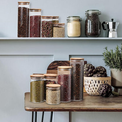 Qinyoung Glass Storage Jars with Wooden Lids, 4 Sizes Food Storage Containers Clear Stackable Canisters Airtight Glass Jars for Candy Cookie (Clear, Dark Brown, 15oz 25oz 34oz 42oz, 24 Pcs)