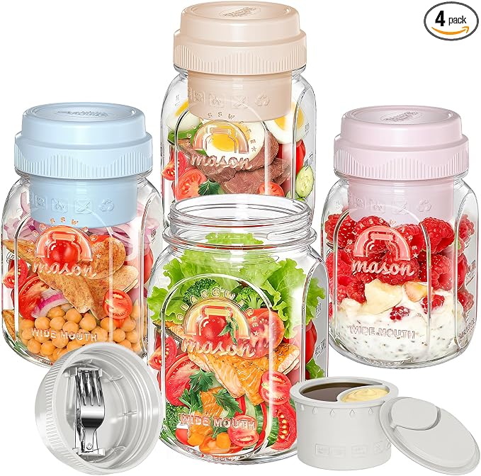 [UPGRADE] 4 Pack Glass Salad Container for Lunch, Salad Jars with Silicone Dressing Cup & Airtight Lid & Fork for Meal Prep, Wet/Dry Separation Divider for Salad Dressing and Dry Ingredients Mason Jar