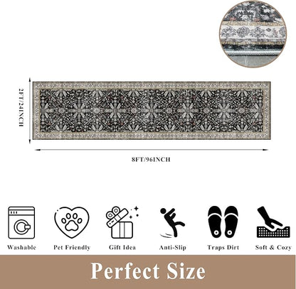 2x8ft Kitchen Rug Runners Washable Non Slip – Boho Floral Carpet Runner for Hallway, Bathroom, Bedroom, Entryway – Soft Low-Pile Thin Long Kitchen Floor Rug (Black, 2x8)