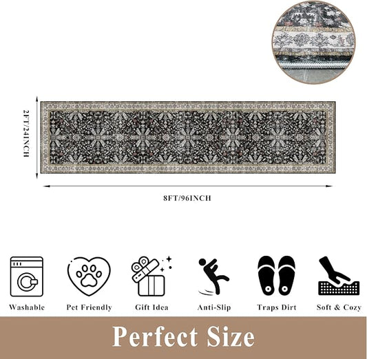 2x8ft Kitchen Rug Runners Washable Non Slip – Boho Floral Carpet Runner for Hallway, Bathroom, Bedroom, Entryway – Soft Low-Pile Thin Long Kitchen Floor Rug (Black, 2x8)