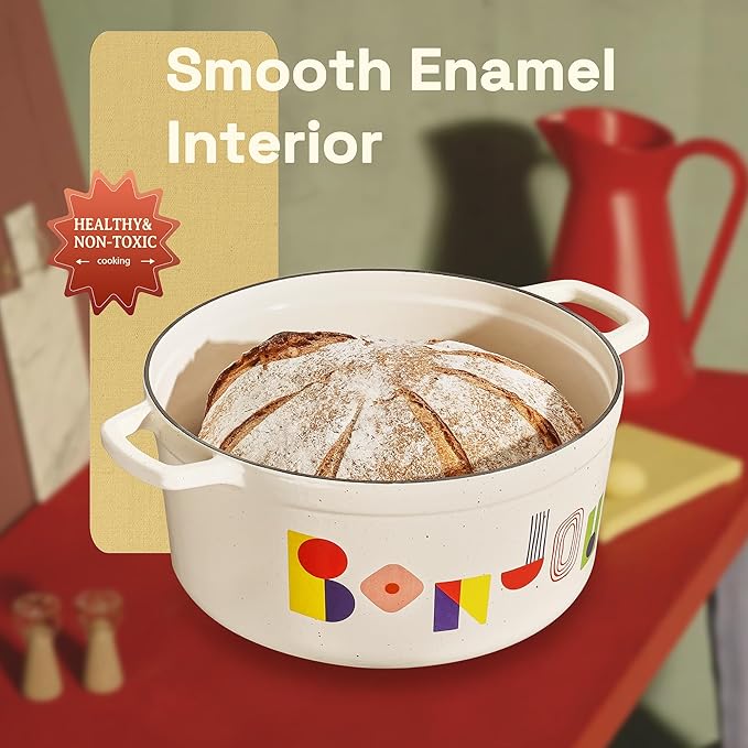 CAROTE 5QT Cast Iron Dutch Oven Pot with Lid, Enameled Floral Dutch Ovens with Gift Box, Versatile Heavy-Duty Cookware for Sourdough Bread Baking, Braising, Stews, Roasting, Healthy & Non-Toxic, All Stovetop Compatible, Oven Safe up to 500° F, Bonjour
