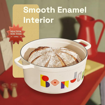 CAROTE 5QT Cast Iron Dutch Oven Pot with Lid, Enameled Floral Dutch Ovens with Gift Box, Versatile Heavy-Duty Cookware for Sourdough Bread Baking, Braising, Stews, Roasting, Healthy & Non-Toxic, All Stovetop Compatible, Oven Safe up to 500° F, Bonjour