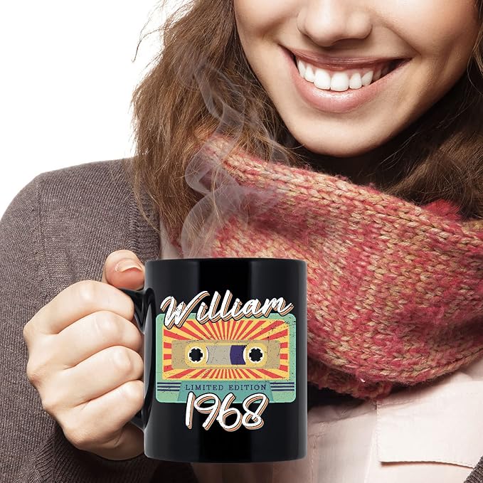 Personalized Vintage Cassette Tape Vintage 1968 Mug, Custom Your Name, 1968 Retro Coffee Mug, 54th Birthday Present Gifts, 1968 Birthday Gift For Friends Family, Customizable Black Tea Cups