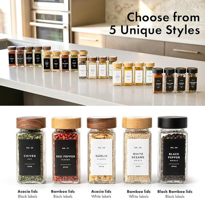 EDELHAUS® Square Spice Jars with Bamboo Wooden Lid (Pack of 24) Spice Jars with Shaker Insert and 240 Labels - Bamboo Lid Glass Container for Spice Organisation [4.3 in × 1.8 in]