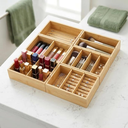 Bamboo Drawer Organizer with Removable Dividers, Fits Kitchens, Bathrooms, Desk, Utensil, Makeup (Natural, S)