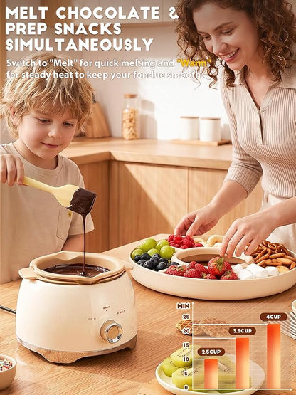 LUSHYUM Chocolate Fondue Pot Set Electric Melting Machine, 4-Cup Capacity 4 Trays 6 Forks 1 Spatula Cheese Warmer, Ideal Gift for Couple Family & Date Night Idea House Warming Holidays Essentials