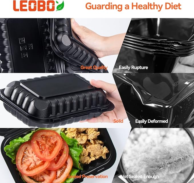 50-Pack 27oz 9x6 Black To Go Container - Shrink Wrapped No Pre-Wash | Sturdy BPA Free | Reusable & Secure Seal | Microwave, Freezer Safe Boxes For Restaurant, Catering, BBQ & Leftovers