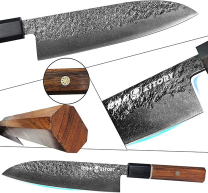 Kitory 7'' Santoku Knife, Black Stonewashed High-Carbon Steel Japanese Kitchen Knife, Hand Forged Ultra Sharp Asian Chef Knife with Ergonomic Wood Handle and Gift Box