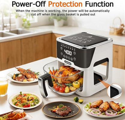 Glass Air Fryer, Portable Air Fryer with 6.0QT Glass Container, Adjustable Time & Temp, Power-Off & Overheat Protection, 8-in-1 Non Toxic AirFryer for Quick Easy Meals
