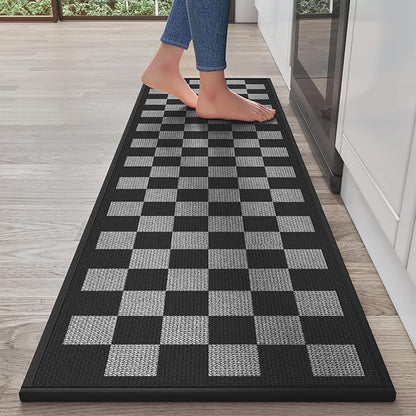 YDKGL Kitchen Runner Rugs Non Slip Washable, Super Absorbent Kitchen Mats for Floor, Linen-Look Woven Sink Mat Standing Mat, Easy Clean, Black Gray Checkered 17"x59"