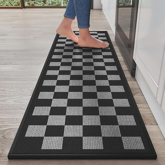 YDKGL Kitchen Runner Rugs Non Slip Washable, Super Absorbent Kitchen Mats for Floor, Linen-Look Woven Sink Mat Standing Mat, Easy Clean, Black Gray Checkered 17"x59"