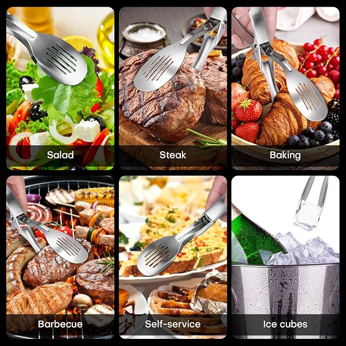10.8 Inch 304 Stainless Steel Cooking Tongs, Metal Kitchen Tongs with Oil Drain Holes & Spring Rebound, Anti-Slip Handle for Grilling BBQ Salad Serving