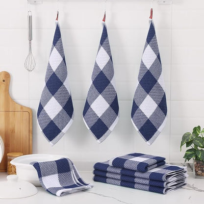 Homaxy Kitchen Towels and Dishcloths Set, 12 x 12 and 13 x 28 Inches, Set of 12 100% Cotton Waffle Weave Check Plaid Kitchen Dish Towels, Super Soft and Absorbent Dish Cloths, White & Navy Blue