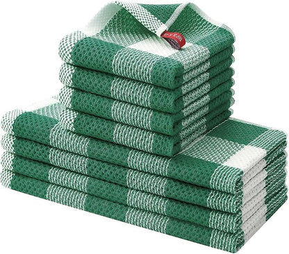 Homaxy Kitchen Towels and Dishcloths Set, 12 x 12 and 13 x 28 Inches, Set of 8 Bulk Cotton Waffle Weave Check Plaid Kitchen Towels, Super Soft and Absorbent Dish Towel, White & Dark Green