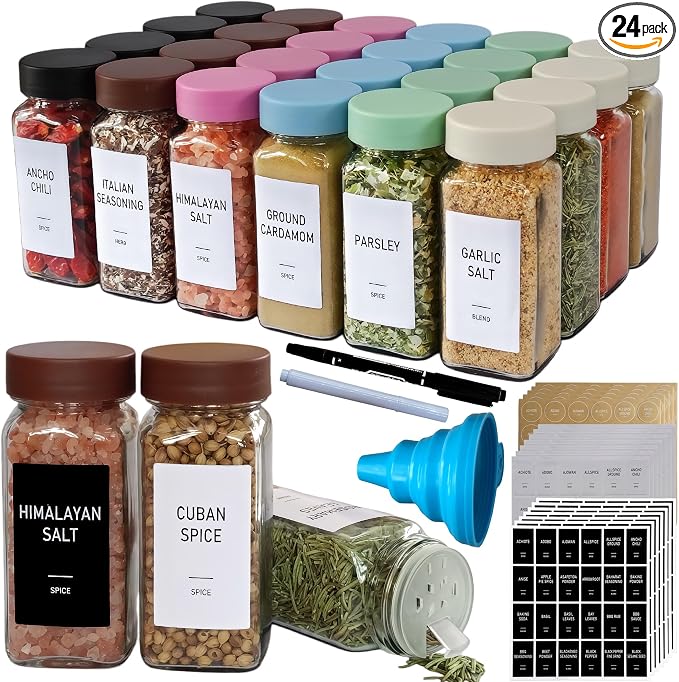 Spice Jars with Labels - 24 Glass Spice with Shaker Lids & Airtight Plastic Caps - 4oz Complete Seasoning Containers Organizer Set for Cabinet, Drawer & Rack (Brown)