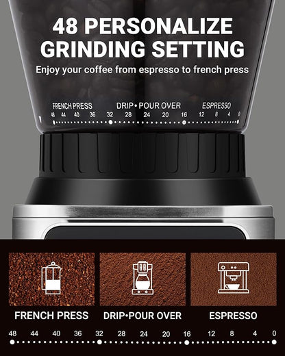AMZCHEF Coffee Grinder, Coffee Bean Grinder for Home Use with Precise Grinding, LED Control Panel, Detachable Funnel Stand, Anti-static Design, 48 Grind Settings, Silver