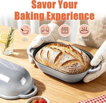 Enameled Cast Iron Sourdough Bread Oven, 5 QT Loaf Cast Iron Bread Pan with Lid, Oval Dutch Oven for Homemade Bread Baking, Meatloaf Pan with Lid (Light Gray)