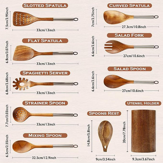 Wooden Spoons for Cooking with Utensils Holder, 10-Pieces Natural Acacia Wooden Utensil Set with Stainless Handle, Non-Stick, Wooden Cooking Spurtle Set for Mom, Wife Cookware Gifts