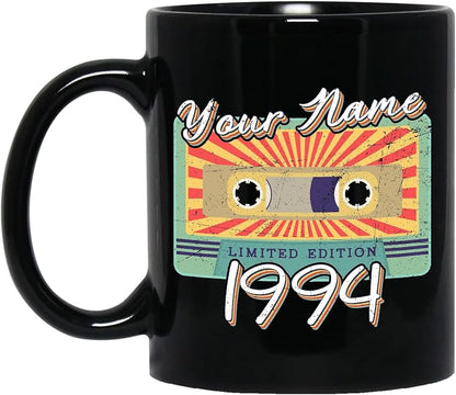 Personalized Vintage Cassette Tape Vintage 1994 Mug, Custom Your Name, 1994 Retro Coffee Mug, 28th Birthday Present Gifts, 1994 Birthday Gift For Friends Family, Customizable Black Tea Cups