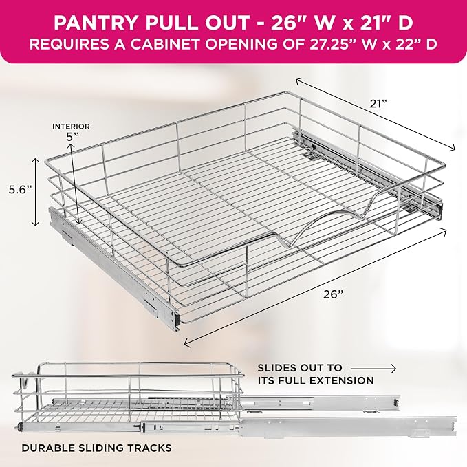 HOLDN’ STORAGE Pull Out Cabinet Organizer, Slide Out Drawer for Kitchen Cabinets & Pantry, Roll Out Shelf for Pots, Pans & Under Sink Storage, Heavy-Duty Full-Extension, 26"W x 21"D x 5"H