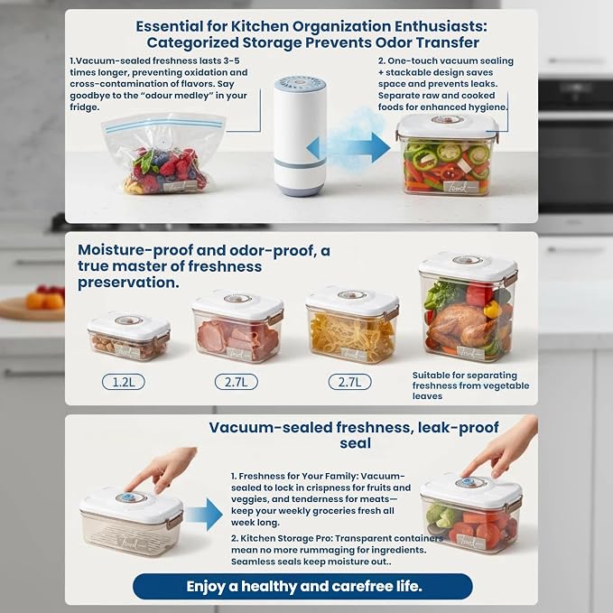 Vacuum Container,Vacuum Seal Containers,4pcs Airtight Food Storage Containers with Lids,4pcs Food Vacuum Bags/ 1pc Automatic Pump, Marinade and Keep Food Fresh with Time Dial, BPA Free(Square)