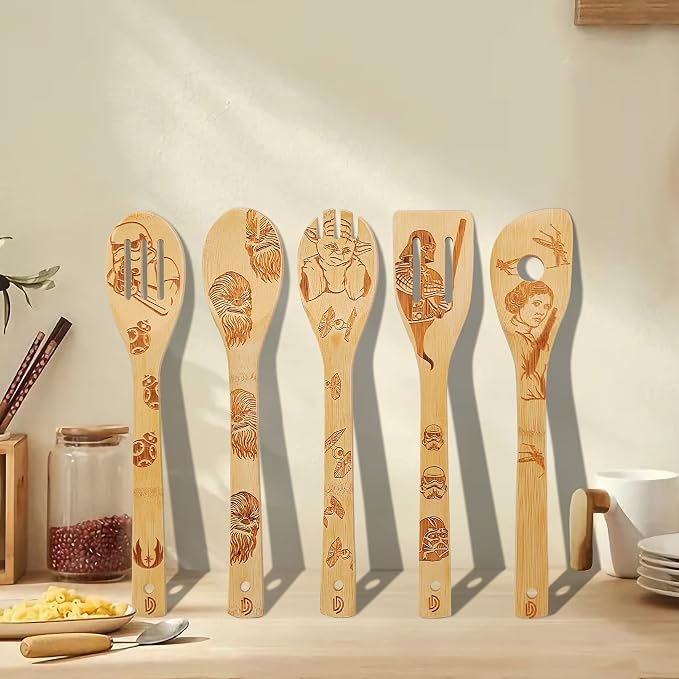 5 PCS Star Cooking Spoons - Burned Wooden Spoon Carved, Organic Bamboo Utensils, Star Gifts for Women Premium Quality Cooking Gifts for Housewarming and Wedding