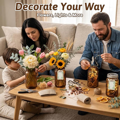 32 oz Amber Mason Jars with Stainless Steel Leakproof Lids, 2 Pack Wide Mouth Colored Glass Jars for DIY Crafts, Wedding Centerpieces, Home Decor, Flower Vase, Bathroom Storage